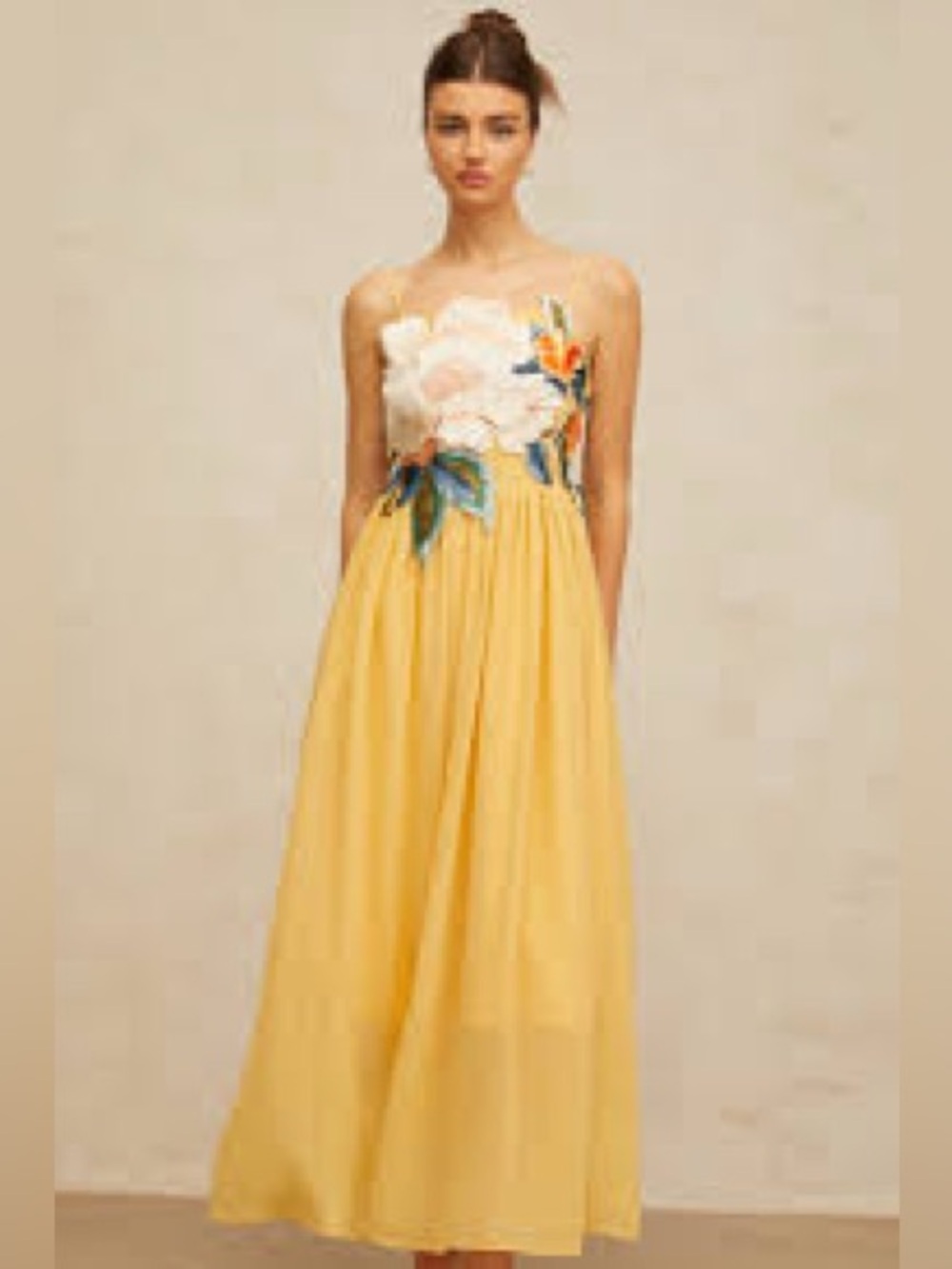 Miss Rosier NWT Josette Floral Appliqué Shirred Maxi Dress Sz Small